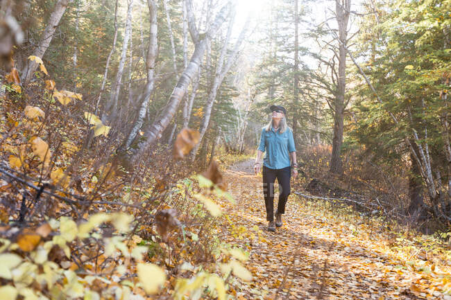 Woman hiking through the forest, South Dakota, America, USA — Stock Photo