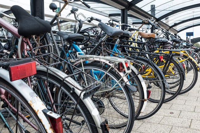 Close-up shot of bicycles parked in city — Stock Photo