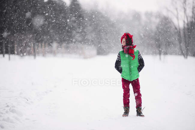 Мальчик, стоящий в снегу с шарфом, дующим ему в лицо — стоковое фото