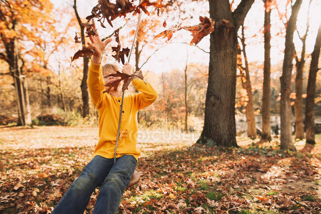 Молодий хлопчик грає на задньому дворі дерев'яні гойдалки — стокове фото