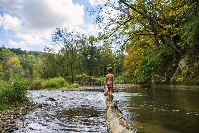 Two boys standing on a fallen tree trunk in a river — Stock Photo