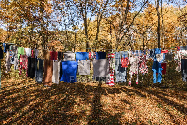Vista panoramica dell'asciugatura dei panni su una linea di lavaggio — Foto stock
