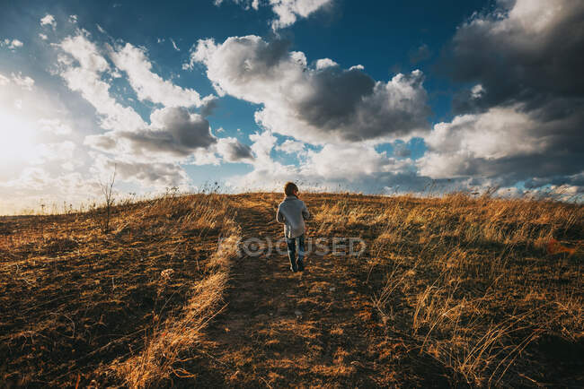 Вид хлопчика на осіннє поле під хмарним небом — стокове фото