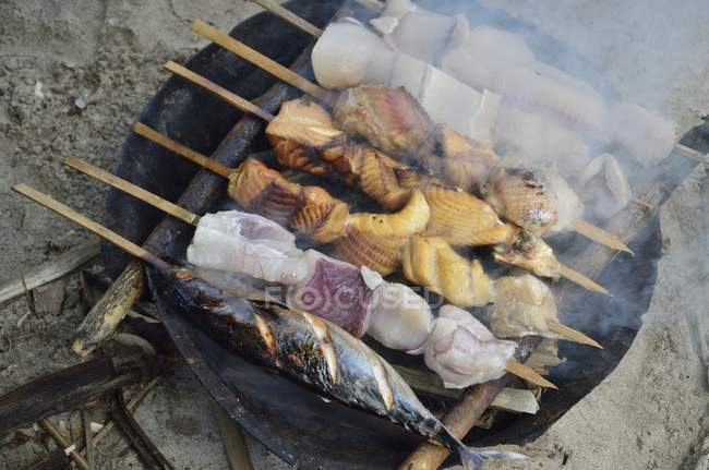 Vue rapprochée des brochettes de poisson qui cuisinent sur un barbecue — Photo de stock