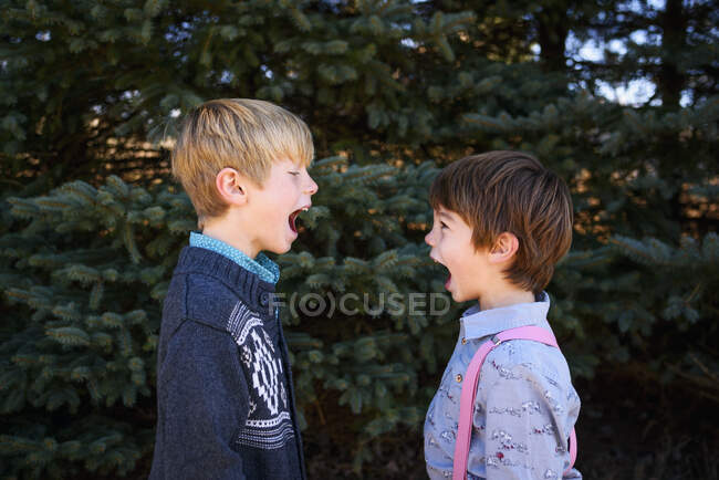 Dos chicos de pie uno frente al otro con la boca abierta - foto de stock