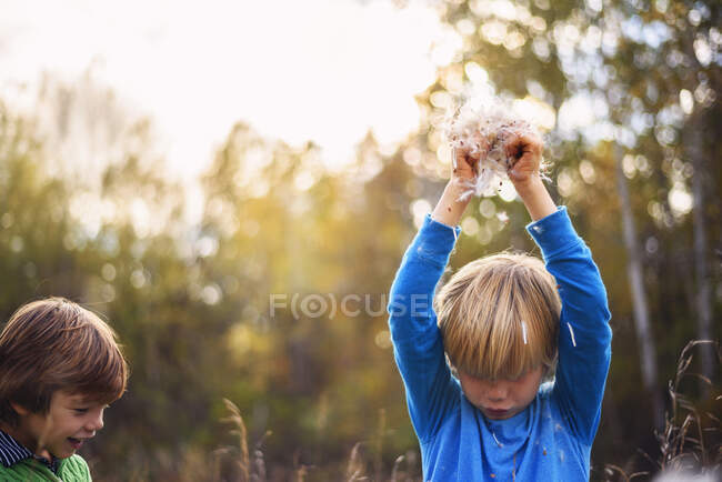 Dos chicos en un campo jugando con flores de algodoncillo - foto de stock