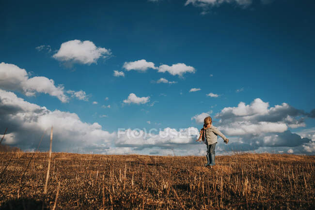 View of boy at autumn field under cloudy sky — Stock Photo