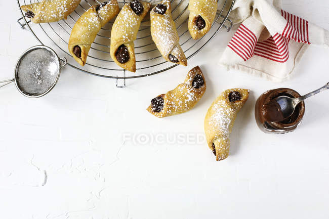 Rugelach with chocolate filling. Traditional Jewish holiday cookie, top view — Stock Photo