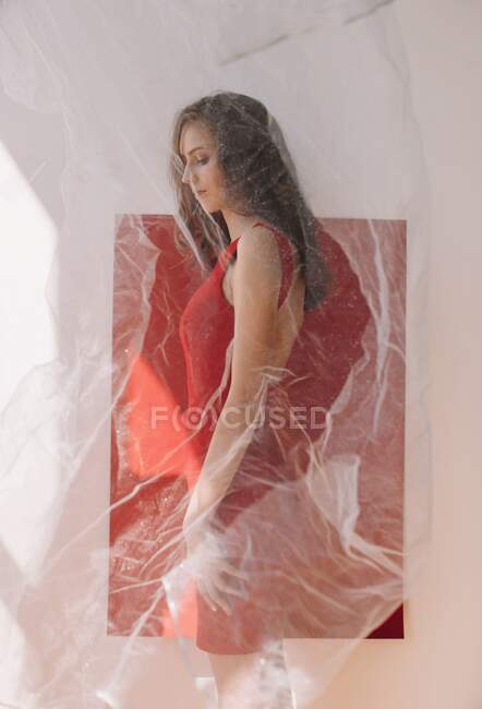 Портрет женщины, стоящей у красной стены за вуалью — стоковое фото