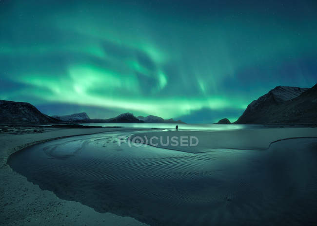Vista panorámica de las luces boreales sobre la playa, Lofoten, Noruega - foto de stock