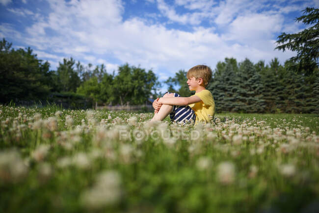 Niño sentado en la hierba - foto de stock