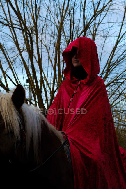 Mulher de capa vermelha sentada em um cavalo, Niort, França — Fotografia de Stock