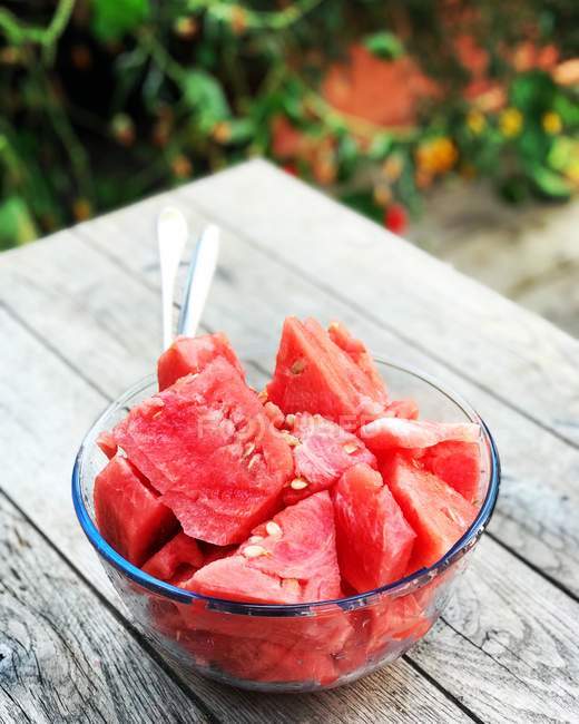 Schale mit Wassermelone auf einem Gartentisch, israel — Stockfoto