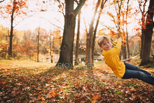 Jeune garçon jouant sur la balançoire en bois arrière — Photo de stock
