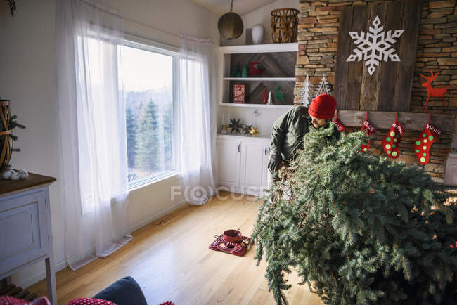 Un homme installe un sapin de Noël dans le salon — Photo de stock