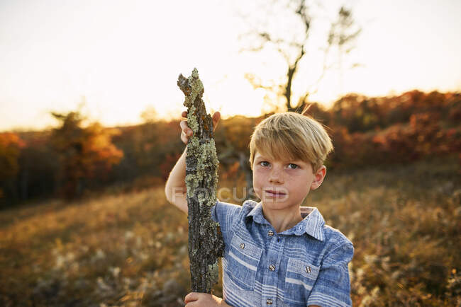 Garçon debout dans un champ tenant un morceau de bois — Photo de stock