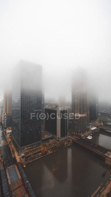 Aerial view of chicago city in fog, usa — Stock Photo