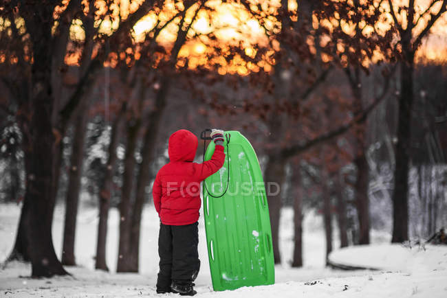 Menino de pé na neve segurando um trenó — Fotografia de Stock