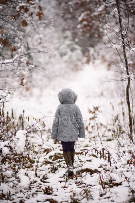 Vista trasera de la niña caminando en el paisaje nevado - foto de stock