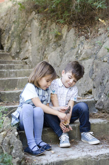 Junge und Mädchen sitzen auf Stufen und spielen mit Tannenzapfen — Stockfoto