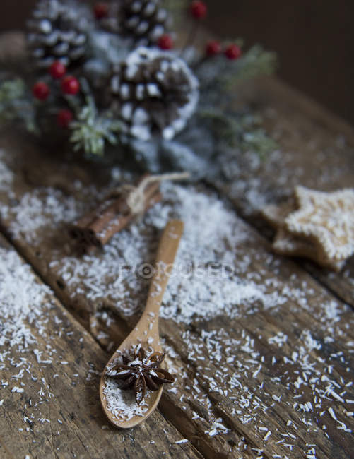 Cuchara de madera con anís estrellado, canela y galletas - foto de stock