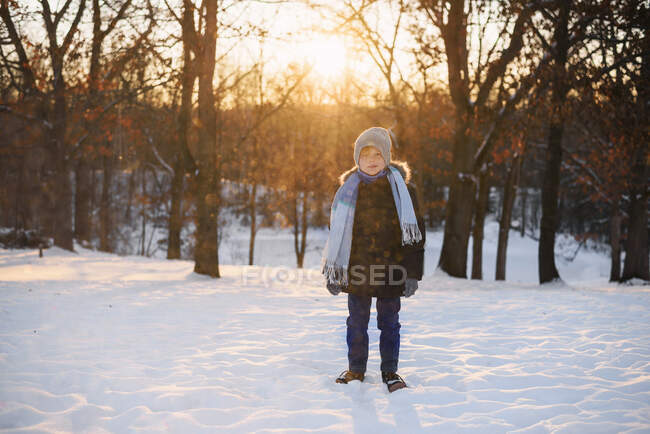 Мальчик, стоящий в лесу на снегу — стоковое фото