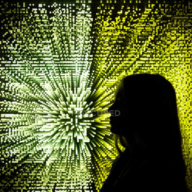 Silhouette of a girl standing in front of a digital screen — Foto stock