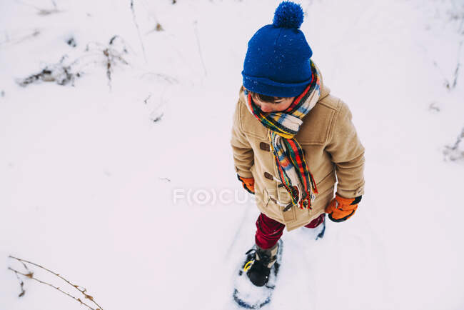 Ragazzo che cammina sulla neve con le ciaspole — Foto stock