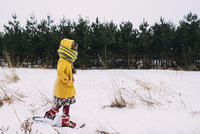 Girl walking in the snow wearing snowshoes — Stock Photo