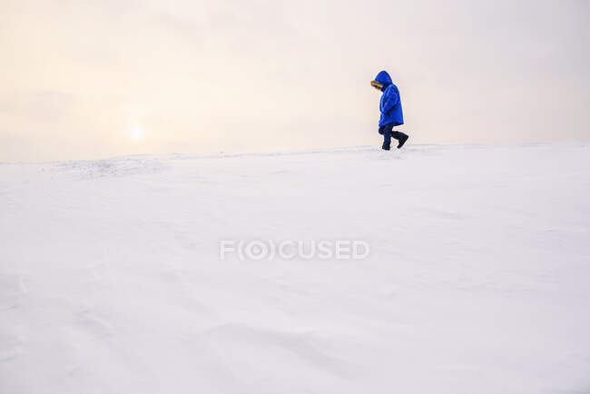 Ragazzo che cammina nel paesaggio invernale — Foto stock