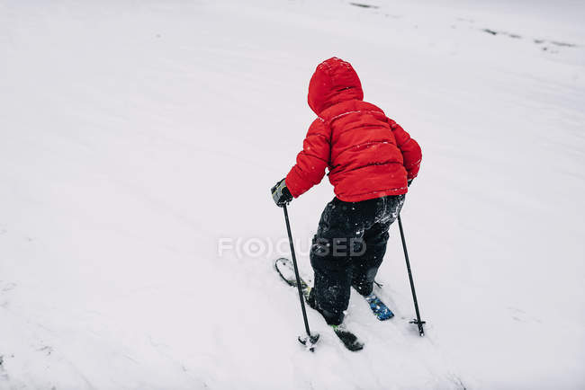 Visão traseira de um menino esquiando no inverno — Fotografia de Stock
