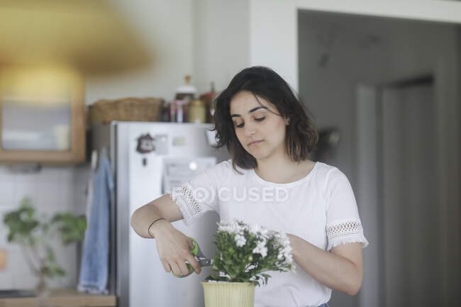 Femme s'occupant d'une plante en pot dans sa cuisine — Photo de stock
