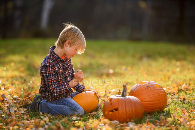 Junge schnitzt einen Halloween-Kürbis im Garten, USA — Stockfoto