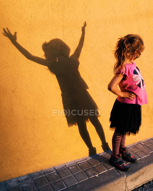 Girl standing with her hands on her hips and her alter ego shadow  with her hands in the air — Stock Photo