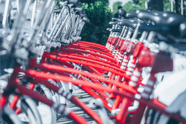 Costas de bicicletas estacionadas en una ciudad - foto de stock