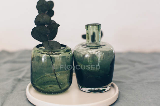 Vista aproximada de vasos de vidro com eucalipto — Fotografia de Stock