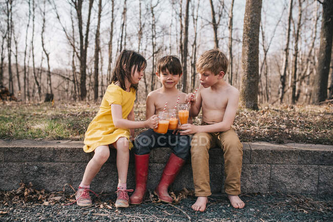 Três crianças sentadas em uma parede fazendo um brinde comemorativo com uma bebida de verão — Fotografia de Stock