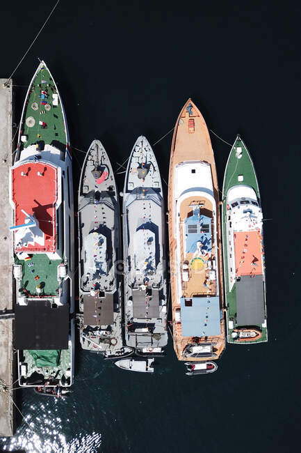 Aerial view of moored ships in bay — Stock Photo