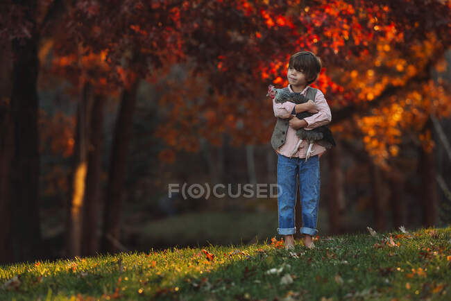 Хлопчик, що стоїть надворі, обіймає курку, Сполучені Штати Америки. — стокове фото