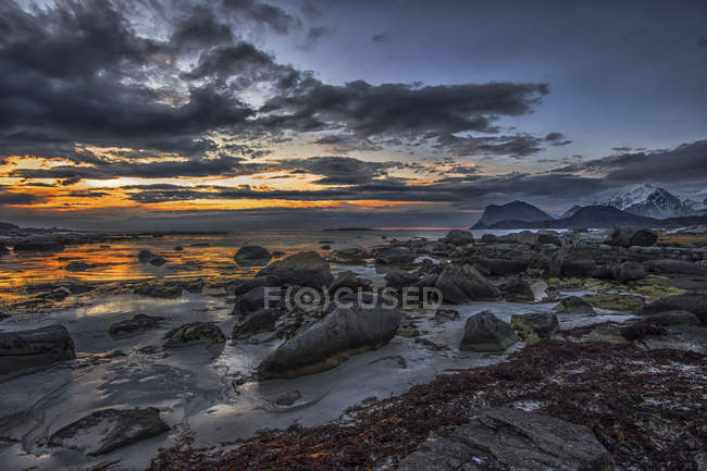 Rocky coastline, StorSandnes, Flakstad, Nordland, Lofoten, Norway — Stock Photo