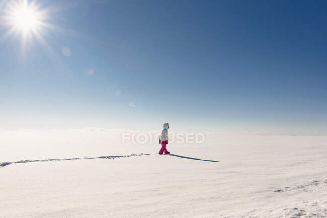 Fille marche dans un paysage rural enneigé — Photo de stock