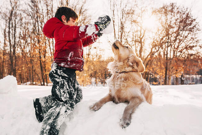 Ragazzo che gioca nella neve con il suo cane golden retriever — Foto stock