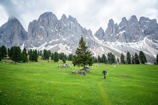 Donna mountain bike vicino Funes, Trentino, Alto Adige, Italia — Foto stock