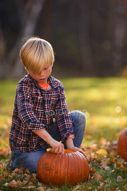Garçon souriant sculptant une citrouille d'Halloween dans le jardin, États-Unis — Photo de stock