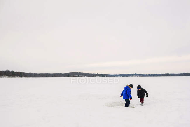 Два мальчика играют на замерзшем озере — стоковое фото