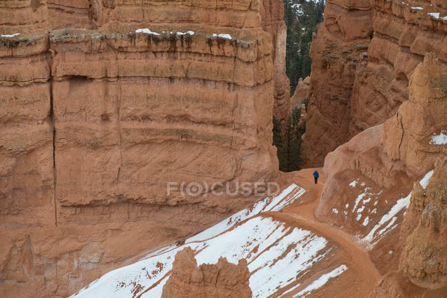 A lone adventure hikes a trail through Bryce Canyon National Park, Utah — Stock Photo