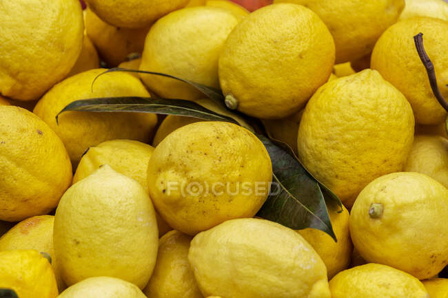 Pila de limones frescos con hojas en el mercado - foto de stock
