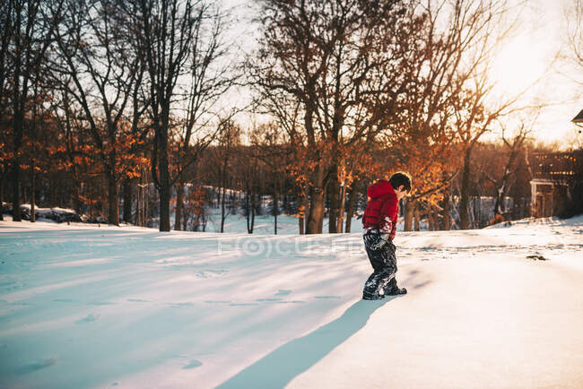 Retrato de Niño caminando en la nieve - foto de stock