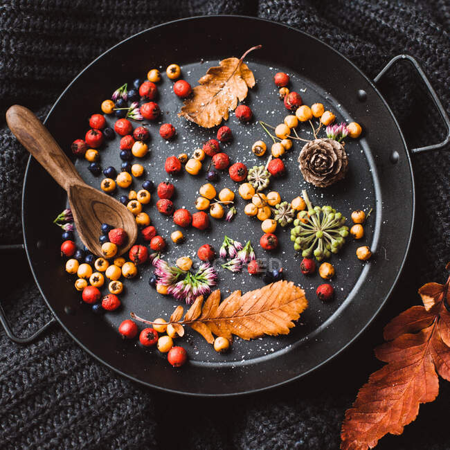 Autumn leaves, fall fruits and berries in pan — Stock Photo