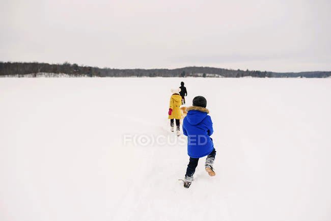 Троє дітей ходять через замерзле озеро — стокове фото